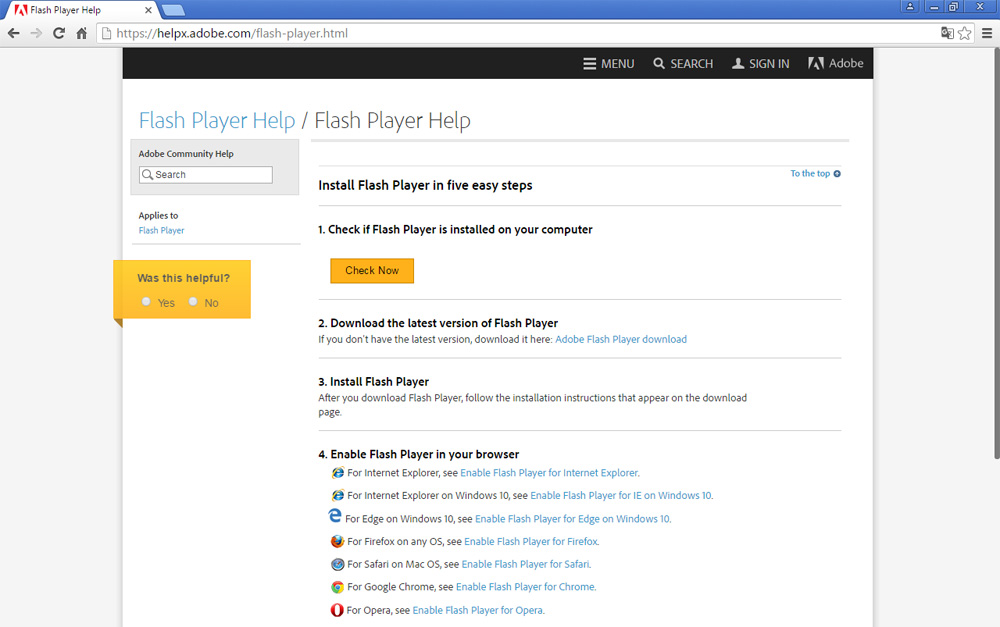 this adobe flash player help page